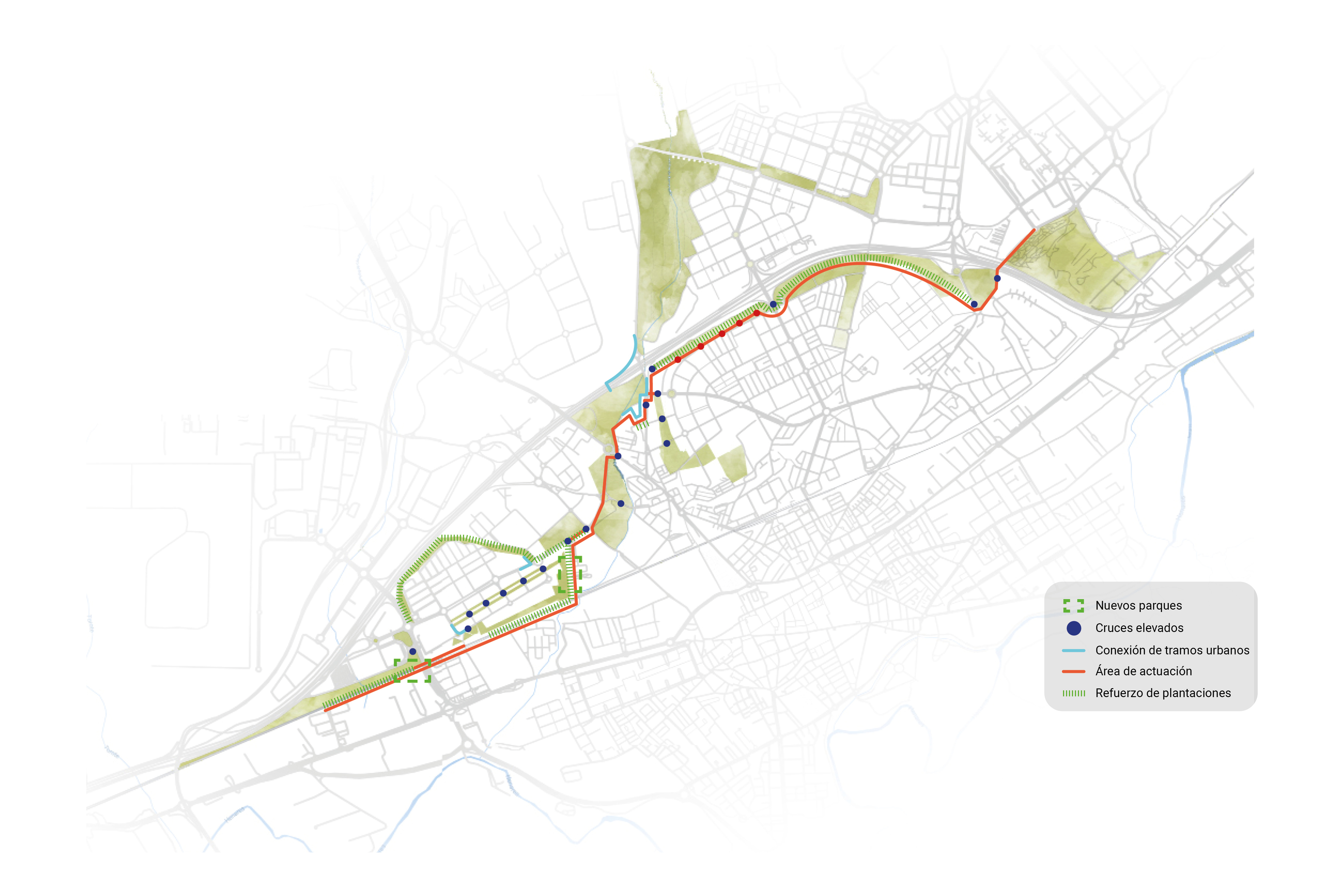 Mapa de actuaciones del Eje Verde Norte en Alcalá de Henares